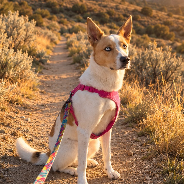 Ponderosa sitting on a Boise foothills trail at golden hour
