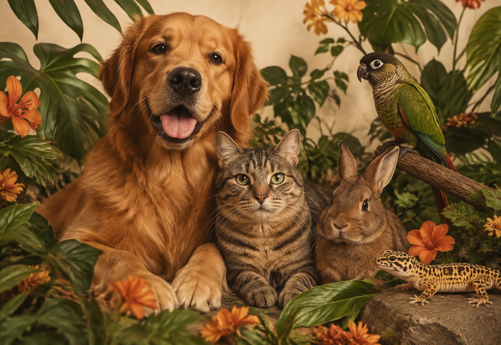 A golden retriever, tabby cat, rabbit, parrot, and leopard gecko together among leaves
