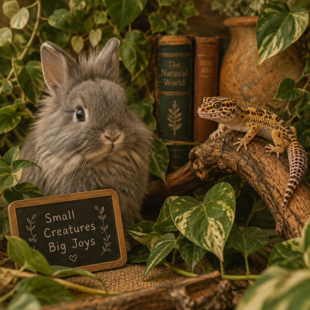 Grey rabbit and leopard gecko among leaves